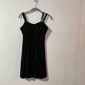 Vintage Crushed Velvet Black Mini Dress with Double Straps, Size M (fits like S)